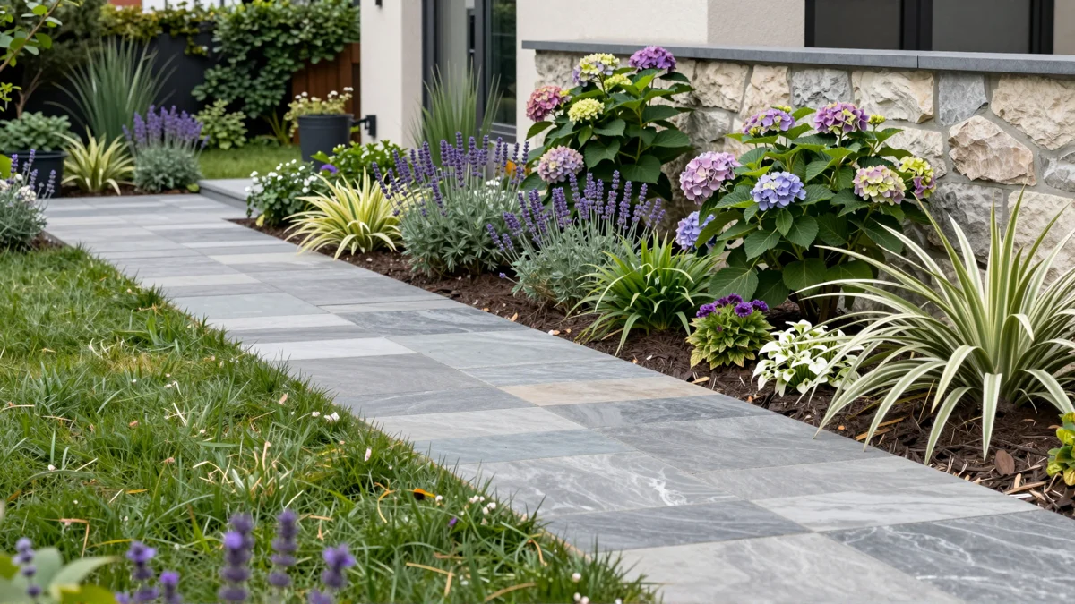 Frisch bepflanztes Gartenbeet neben einer Terrasse mit Lavendel, Hortensien, Straeuchern und Ziergraesern