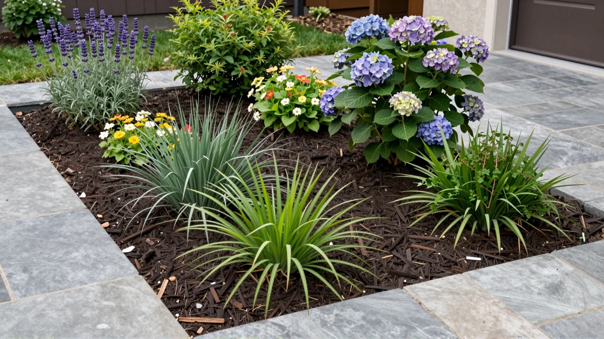 Frisch bepflanztes Gartenbeet neben einer Terrasse mit Lavendel, Hortensien, Straeuchern und Ziergraesern