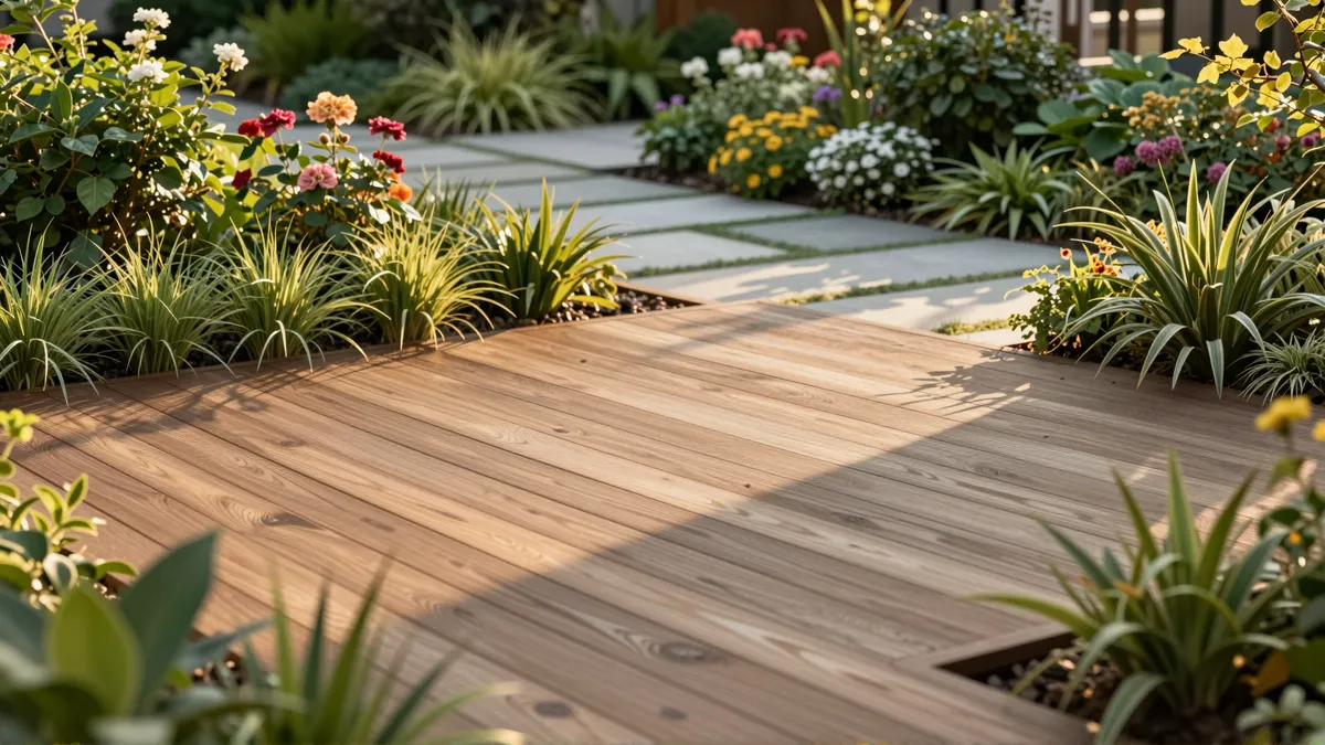 Ein gepflegter Garten mit Holzterrasse, umgeben von üppigen Pflanzen und blühenden Sträuchern