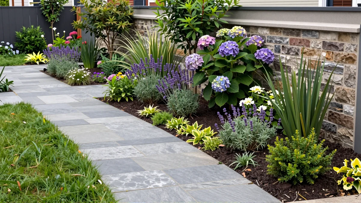Neu verlegter Gartenweg aus Naturstein mit Kieskante, Lavendel, Straeuchern und Ziergraesern