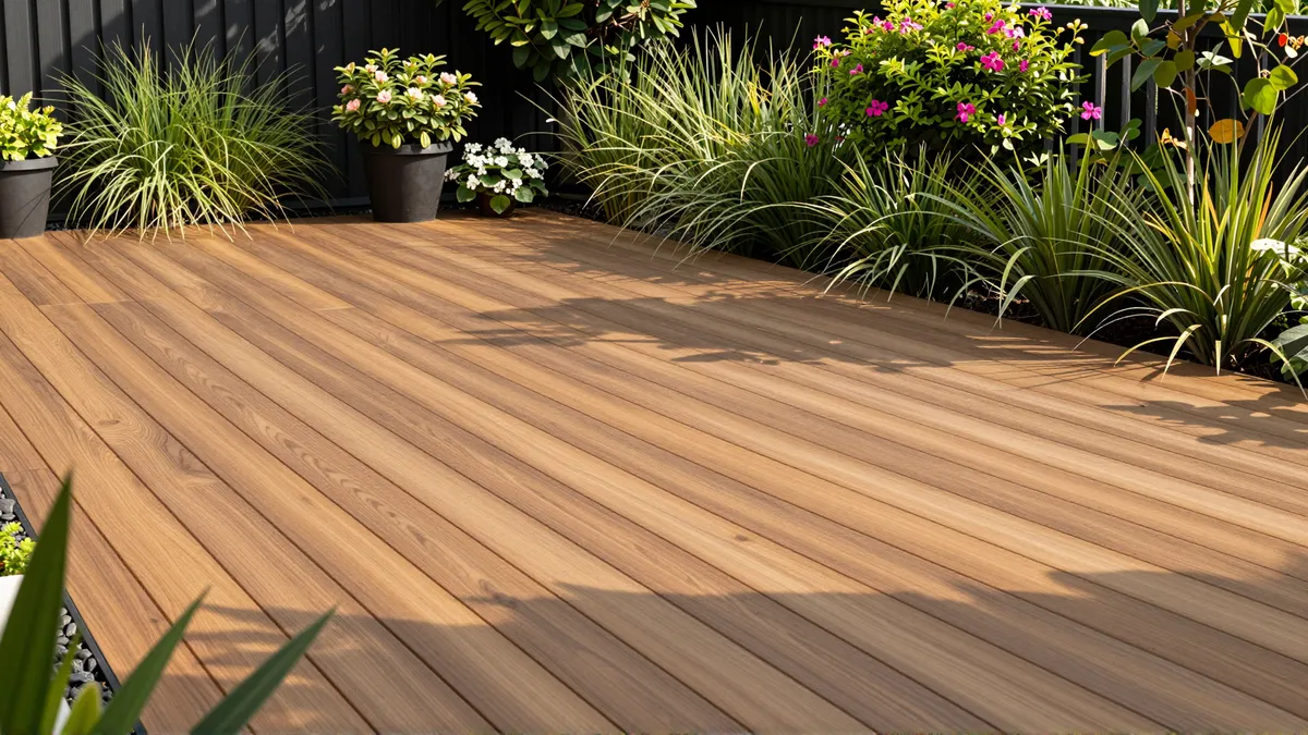 Moderne Holzterrasse mit geometrischen Linien, umgeben von üppigem Grün und Topfpflanzen