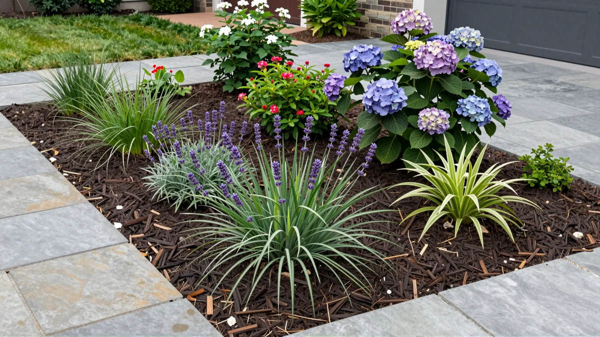Frisch bepflanztes Gartenbeet neben einer Terrasse mit Lavendel, Hortensien, Straeuchern und Ziergraesern