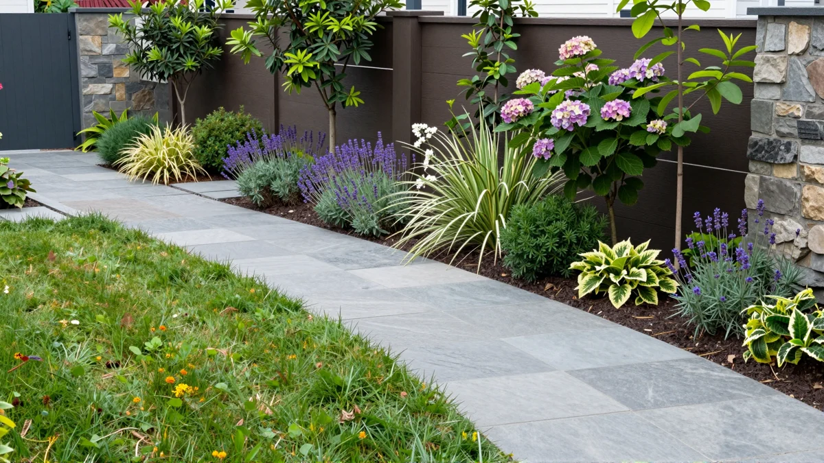 Frisch bepflanztes Gartenbeet neben einer Terrasse mit Lavendel, Hortensien, Straeuchern und Ziergraesern