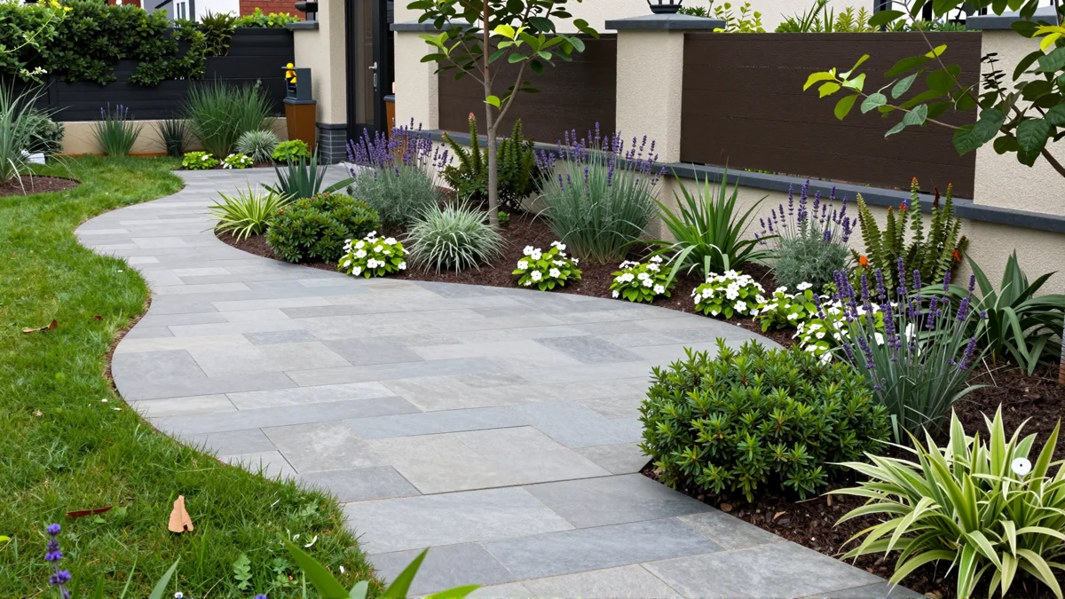 Frisch bepflanztes Gartenbeet neben einer Terrasse mit Lavendel, Hortensien, Straeuchern und Ziergraesern