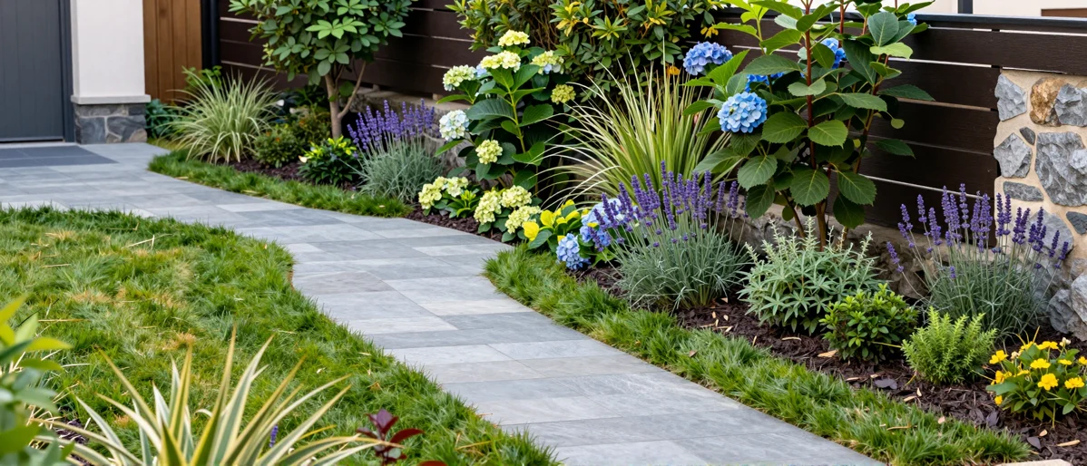 Neu verlegter Gartenweg aus Naturstein mit Kieskante, Lavendel, Straeuchern und Ziergraesern