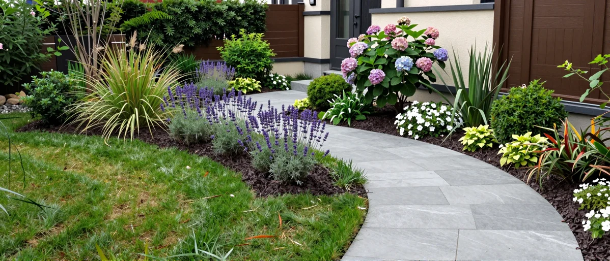 Frisch bepflanztes Gartenbeet neben einer Terrasse mit Lavendel, Hortensien, Straeuchern und Ziergraesern