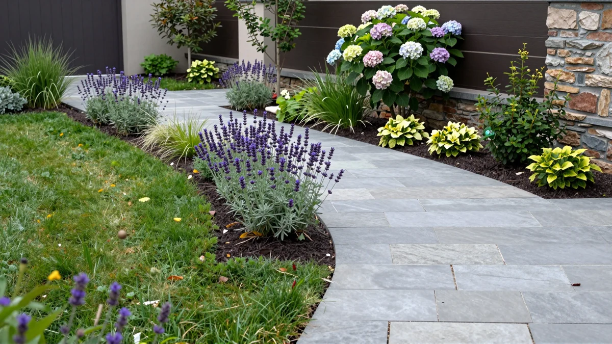 Neu verlegter Gartenweg aus Naturstein mit Kieskante, Lavendel, Straeuchern und Ziergraesern