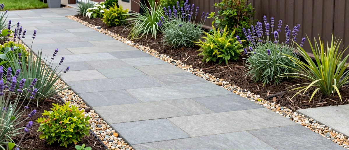 Frisch bepflanztes Gartenbeet neben einer Terrasse mit Lavendel, Hortensien, Straeuchern und Ziergraesern