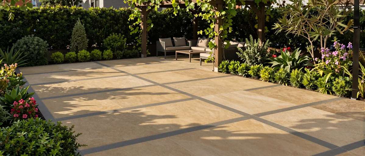 Moderner Garten mit geometrischem Steinpatio, Pergola und minimalistischen Möbeln, umgeben von grünen Pflanzen