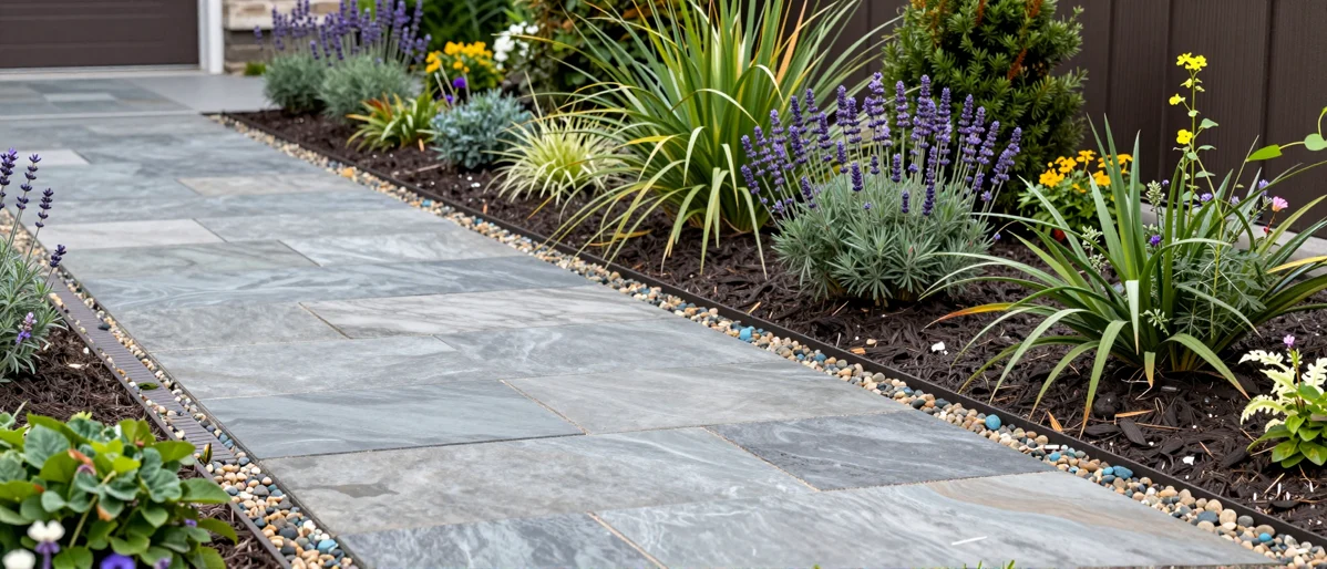 Frisch bepflanztes Gartenbeet neben einer Terrasse mit Lavendel, Hortensien, Straeuchern und Ziergraesern