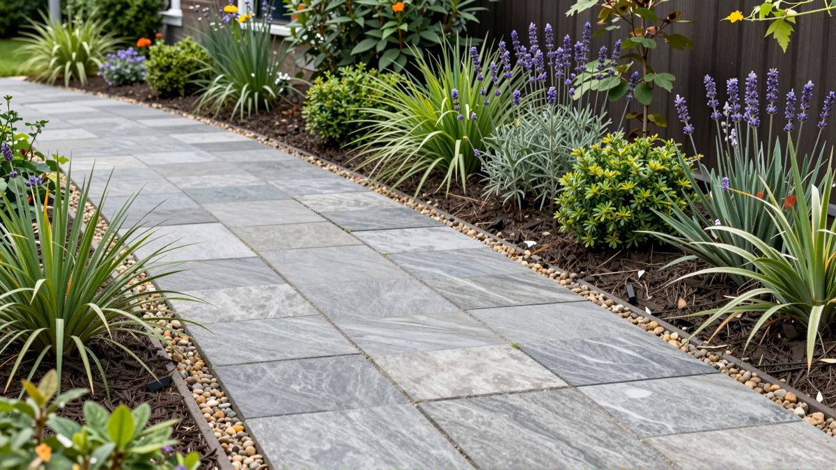 Frisch bepflanztes Gartenbeet neben einer Terrasse mit Lavendel, Hortensien, Straeuchern und Ziergraesern