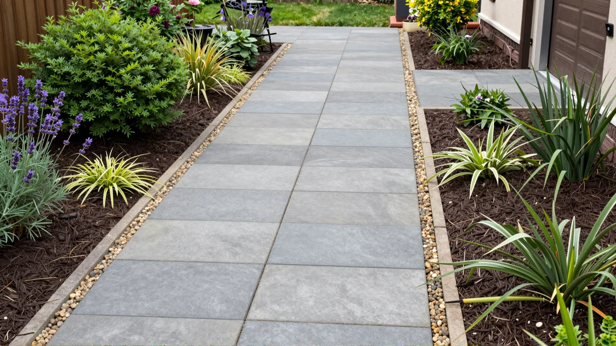 Frisch bepflanztes Gartenbeet neben einer Terrasse mit Lavendel, Hortensien, Straeuchern und Ziergraesern