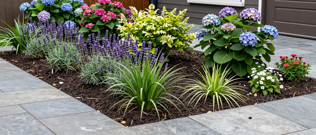 Frisch bepflanztes Gartenbeet neben einer Terrasse mit Lavendel, Hortensien, Straeuchern und Ziergraesern