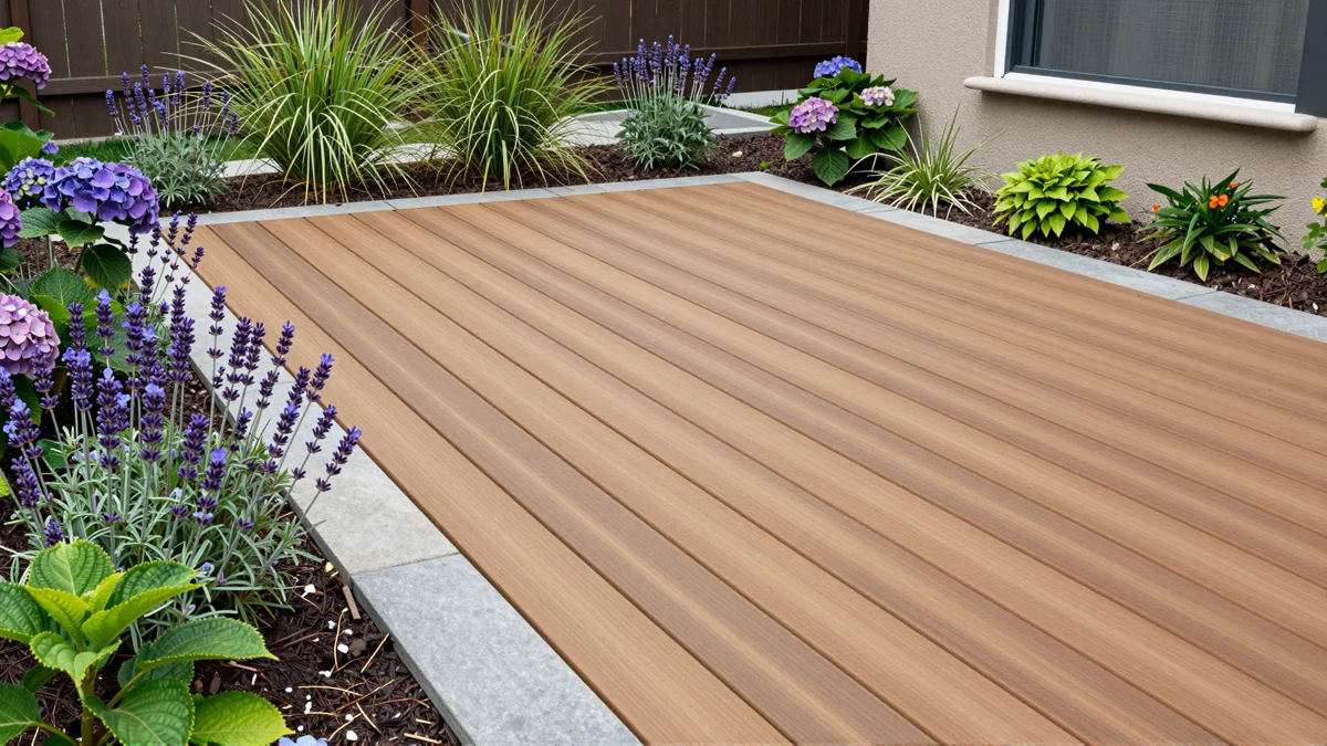 Neu angelegte Holzterrasse mit bepflanzten Rabatten, Ziergraesern und gepflegten Gartenwegen