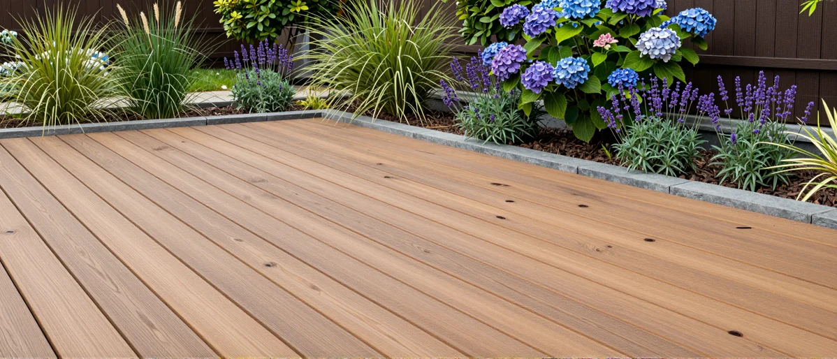 Neu angelegte Holzterrasse mit bepflanzten Rabatten, Ziergraesern und gepflegten Gartenwegen