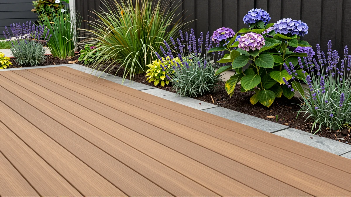 Neu angelegte Holzterrasse mit bepflanzten Rabatten, Ziergraesern und gepflegten Gartenwegen
