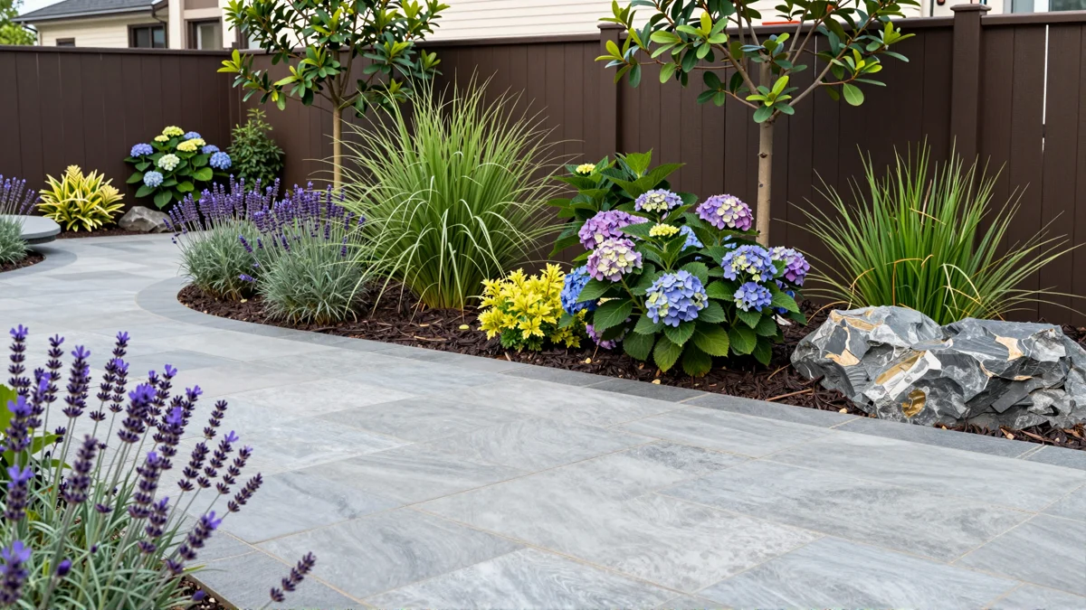 Frisch bepflanztes Gartenbeet neben einer Terrasse mit Lavendel, Hortensien, Straeuchern und Ziergraesern
