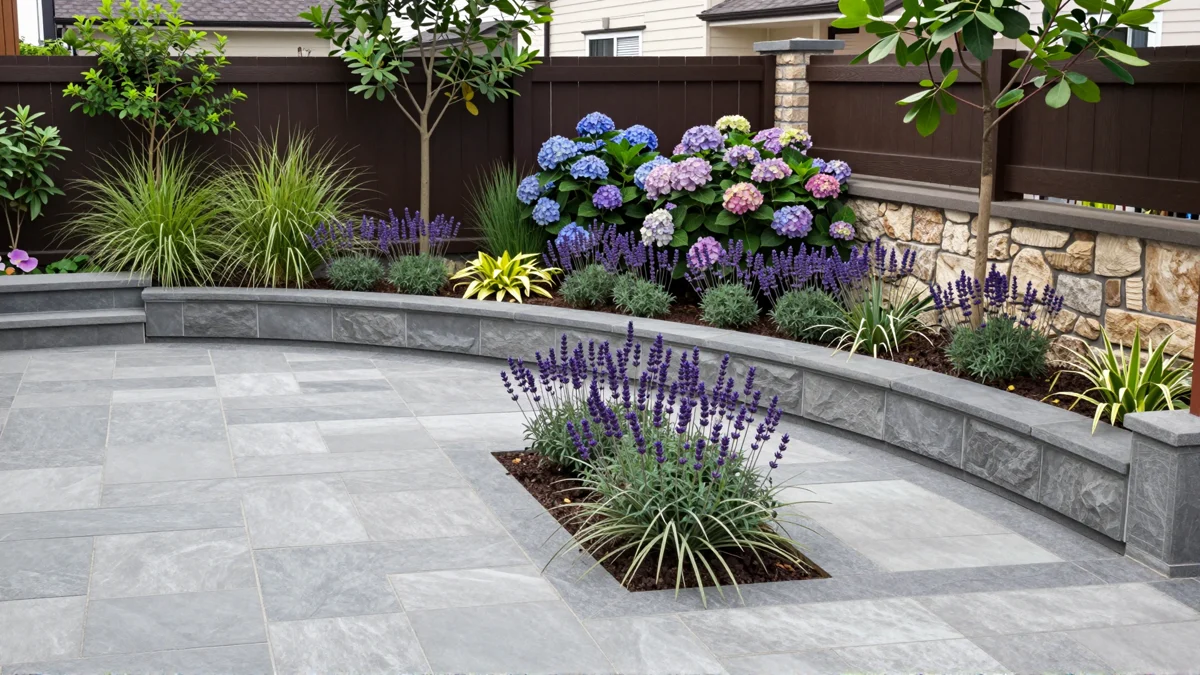 Frisch bepflanztes Gartenbeet neben einer Terrasse mit Lavendel, Hortensien, Straeuchern und Ziergraesern