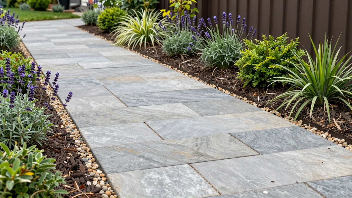 Frisch bepflanztes Gartenbeet neben einer Terrasse mit Lavendel, Hortensien, Straeuchern und Ziergraesern