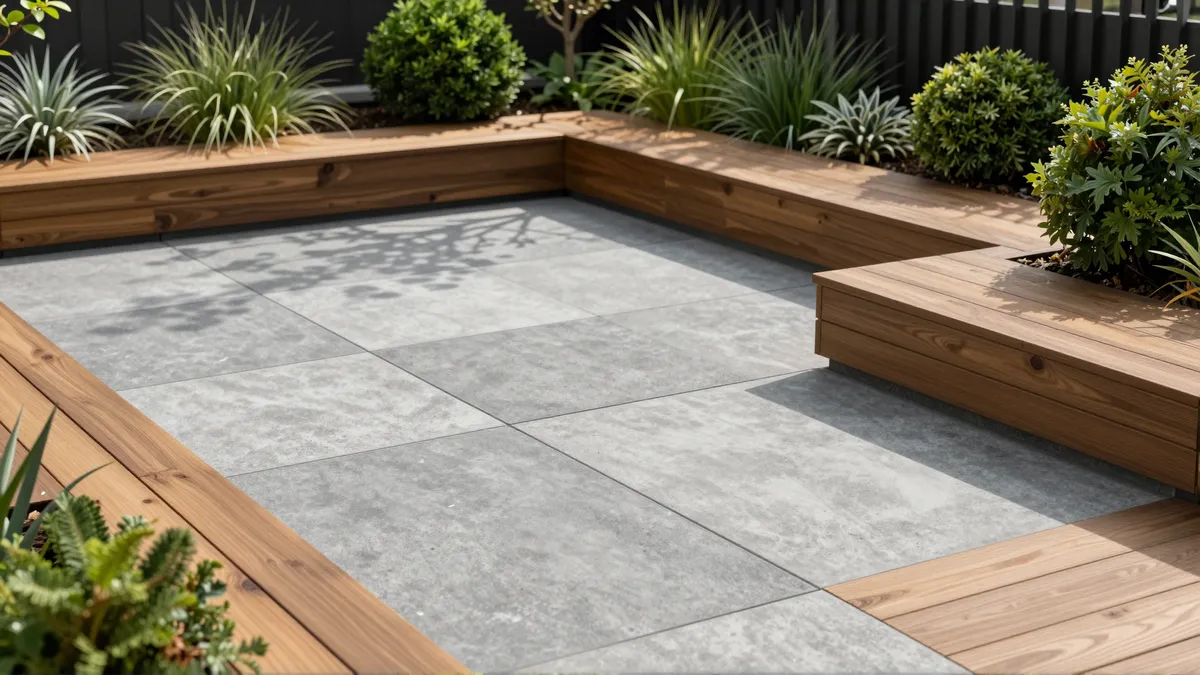 Moderner Gartenterrassenbereich mit geometrischen Steinplatten, Holzdeck und gepflegten Sträuchern