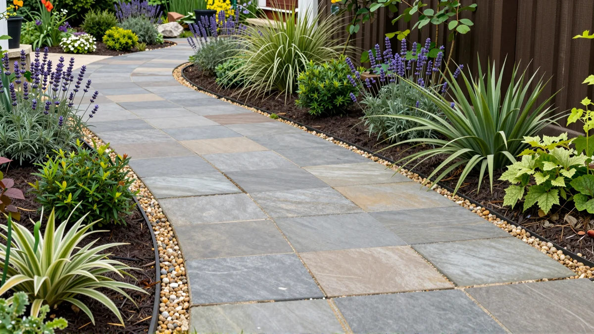 Frisch bepflanztes Gartenbeet neben einer Terrasse mit Lavendel, Hortensien, Straeuchern und Ziergraesern