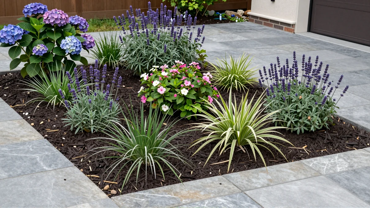 Frisch bepflanztes Gartenbeet neben einer Terrasse mit Lavendel, Hortensien, Straeuchern und Ziergraesern