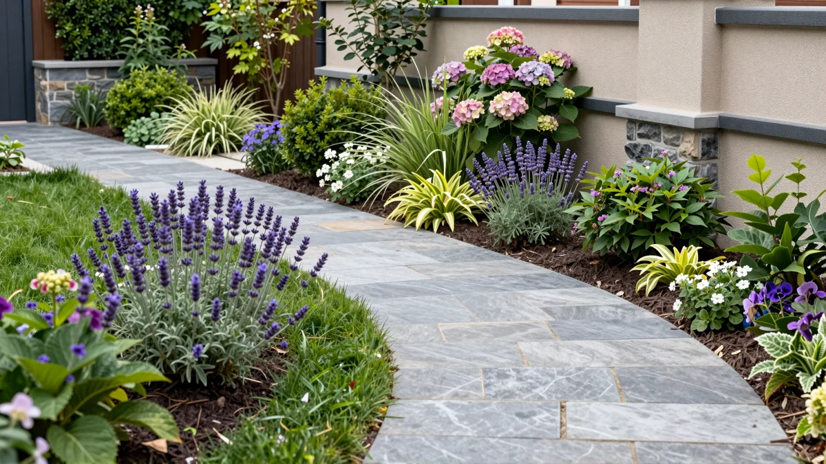 Frisch bepflanztes Gartenbeet neben einer Terrasse mit Lavendel, Hortensien, Straeuchern und Ziergraesern