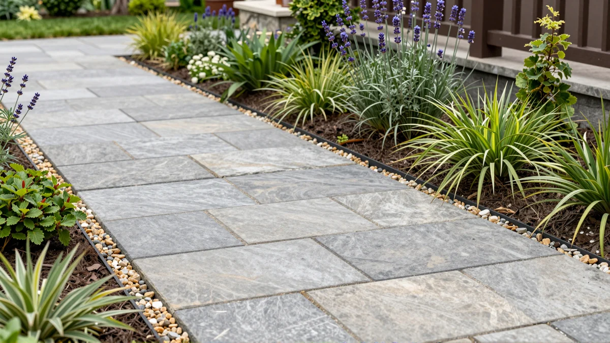 Frisch bepflanztes Gartenbeet neben einer Terrasse mit Lavendel, Hortensien, Straeuchern und Ziergraesern