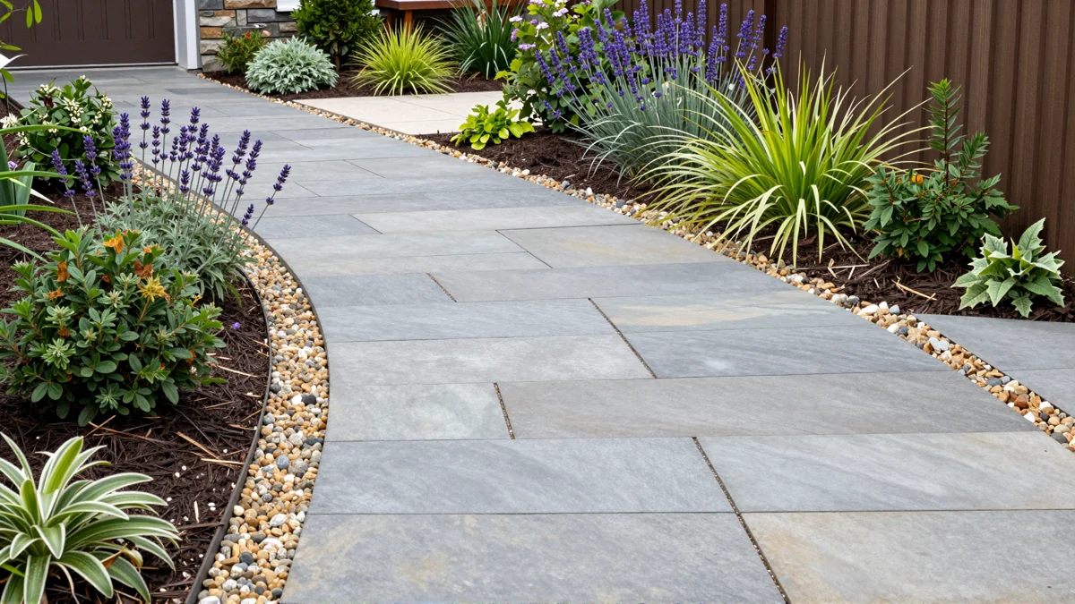 Frisch bepflanztes Gartenbeet neben einer Terrasse mit Lavendel, Hortensien, Straeuchern und Ziergraesern