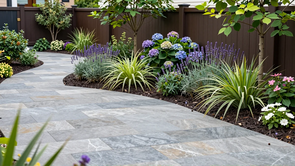Frisch bepflanztes Gartenbeet neben einer Terrasse mit Lavendel, Hortensien, Straeuchern und Ziergraesern