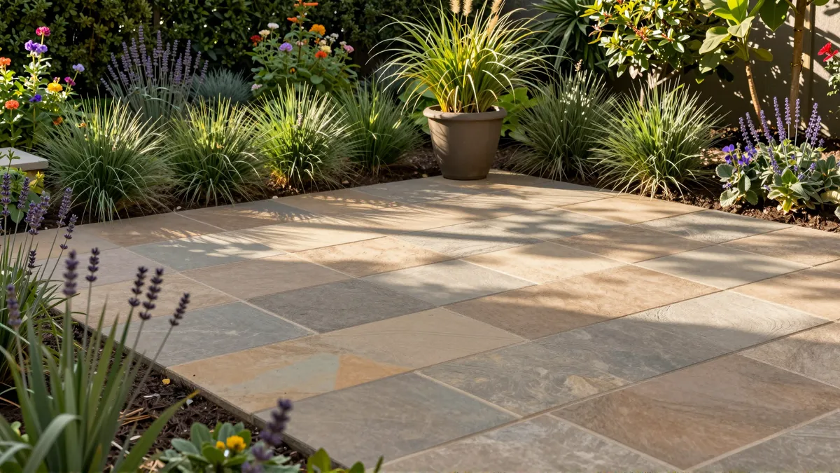 Moderne Gartengestaltung mit Naturstein-Terrasse, blühenden Pflanzen und Ziergräsern in warmem Sonnenlicht