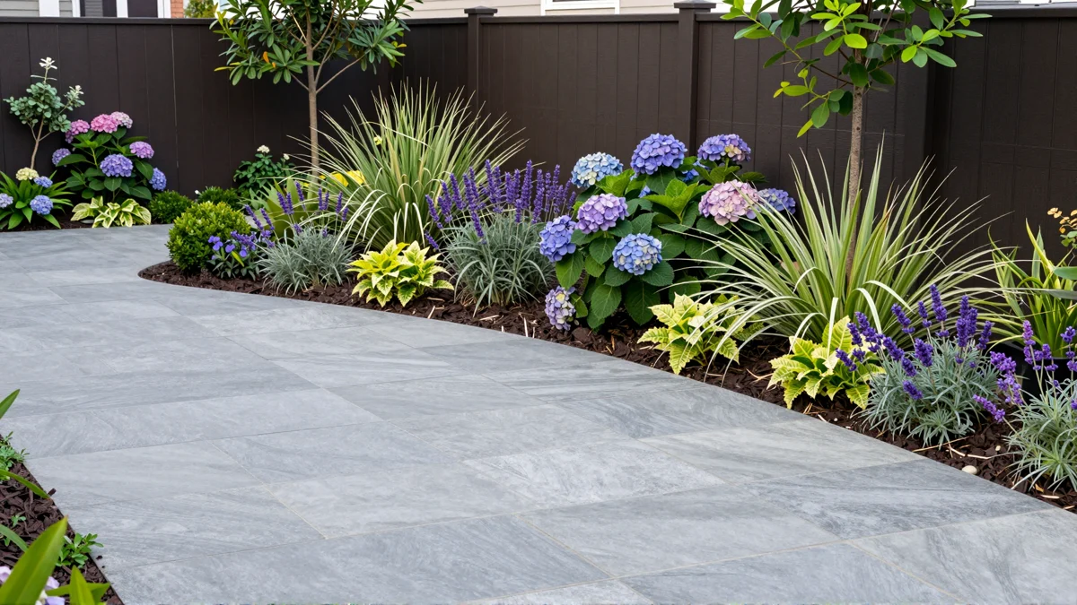 Frisch bepflanztes Gartenbeet neben einer Terrasse mit Lavendel, Hortensien, Straeuchern und Ziergraesern