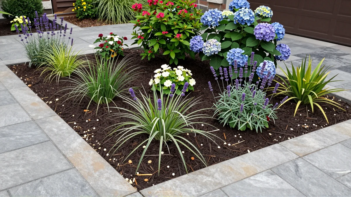 Frisch bepflanztes Gartenbeet neben einer Terrasse mit Lavendel, Hortensien, Straeuchern und Ziergraesern