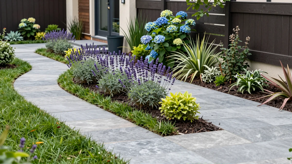 Frisch bepflanztes Gartenbeet neben einer Terrasse mit Lavendel, Hortensien, Straeuchern und Ziergraesern