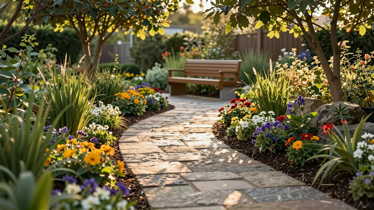 Ein gepflegter Garten mit Natursteinweg, bunten Blumenbeeten und einer Holzbank unter jungen Bäumen