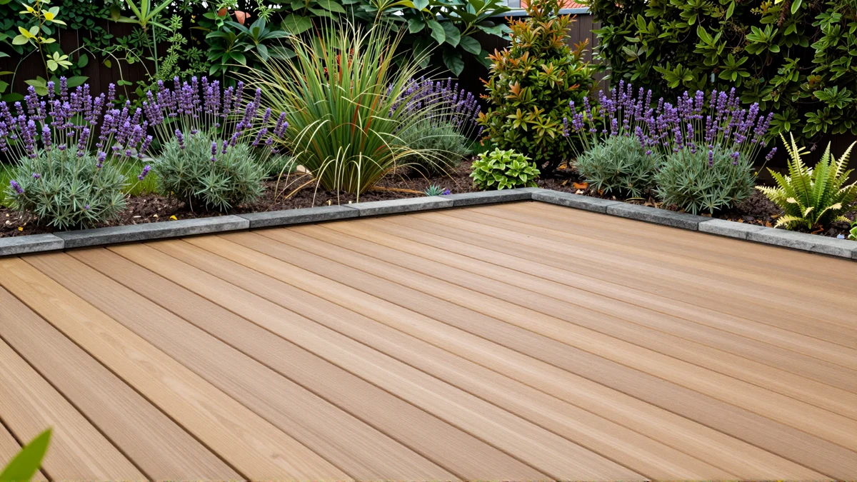 Neu angelegte Holzterrasse mit bepflanzten Rabatten, Ziergraesern und gepflegten Gartenwegen
