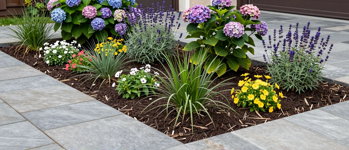 Frisch bepflanztes Gartenbeet neben einer Terrasse mit Lavendel, Hortensien, Straeuchern und Ziergraesern
