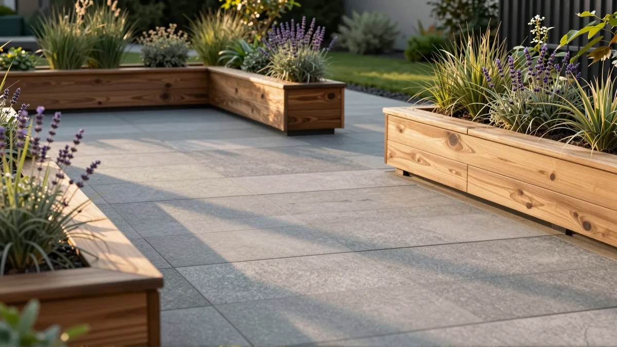 Moderner Gartenterrassenbereich mit geometrischen Steinplatten und minimalistischen Holzbeeten in warmem Abendlicht
