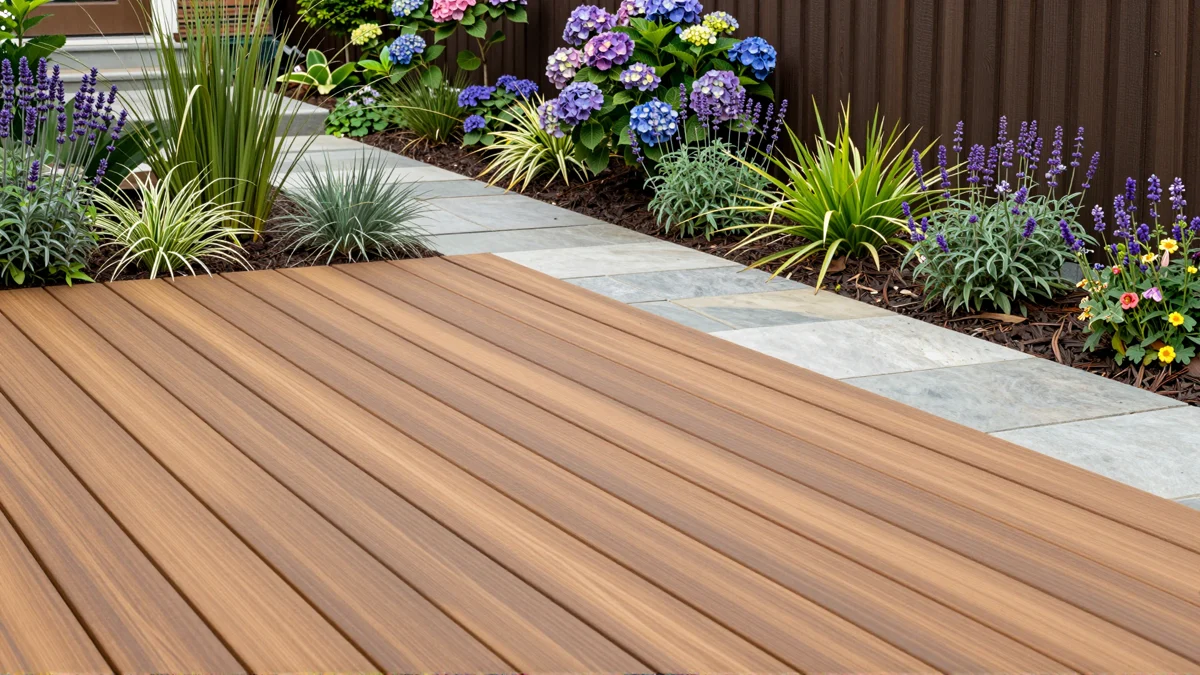 Neu angelegte Holzterrasse mit bepflanzten Rabatten, Ziergraesern und gepflegten Gartenwegen