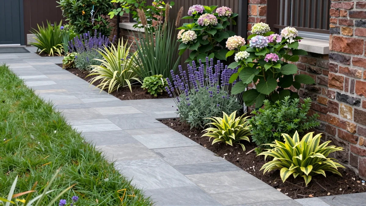 Frisch bepflanztes Gartenbeet neben einer Terrasse mit Lavendel, Hortensien, Straeuchern und Ziergraesern