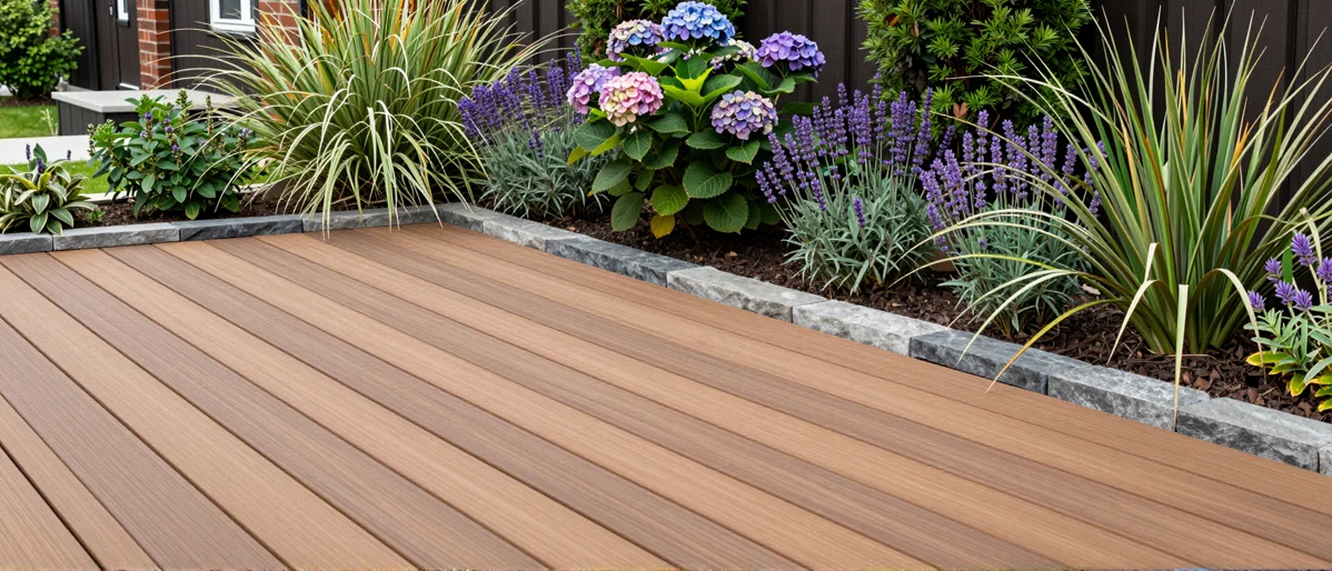Neu angelegte Holzterrasse mit bepflanzten Rabatten, Ziergraesern und gepflegten Gartenwegen