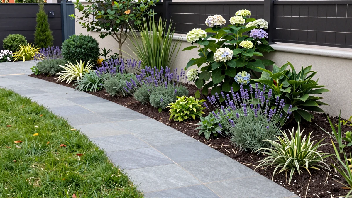 Frisch bepflanztes Gartenbeet neben einer Terrasse mit Lavendel, Hortensien, Straeuchern und Ziergraesern