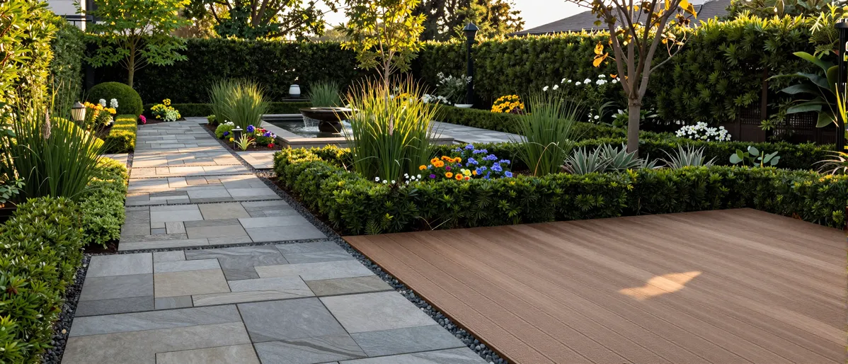 Luxuriöser Garten mit Natursteinpfaden, Holzdeck und Wasserspiel, umgeben von gepflegten Hecken und Blumen