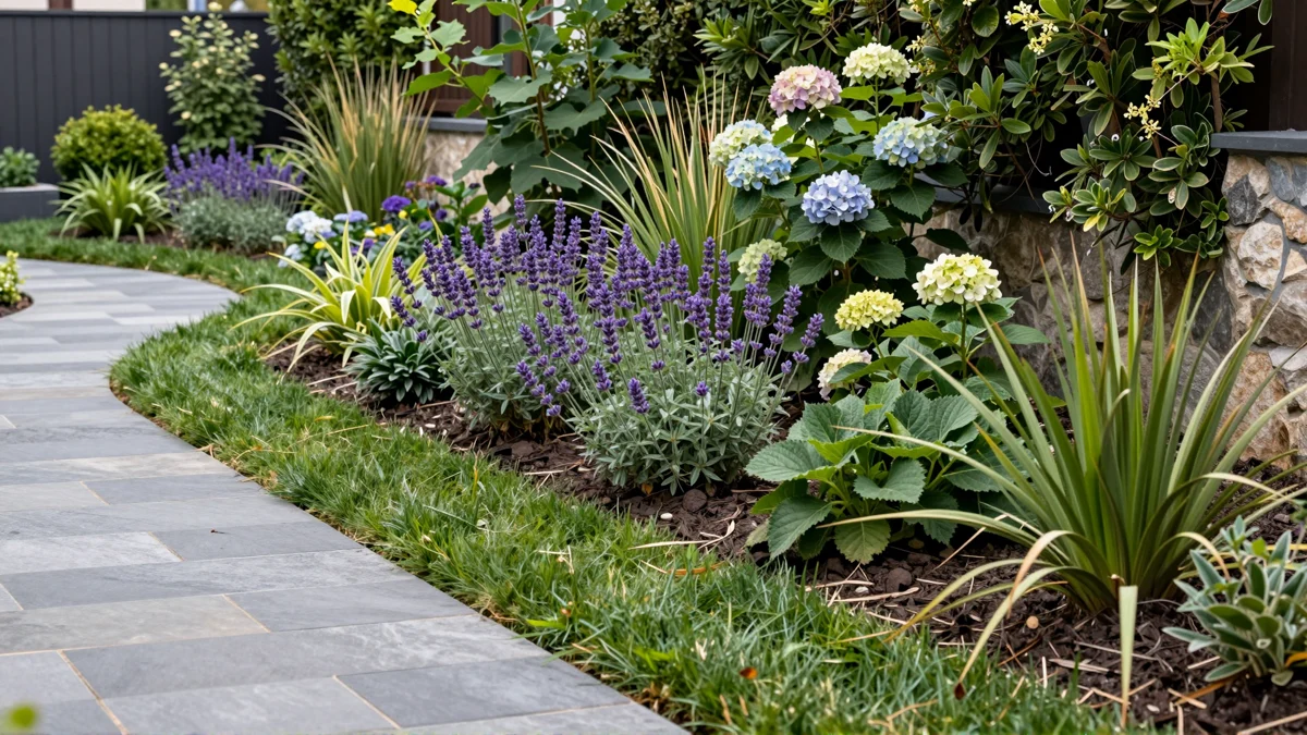 Neu verlegter Gartenweg aus Naturstein mit Kieskante, Lavendel, Straeuchern und Ziergraesern