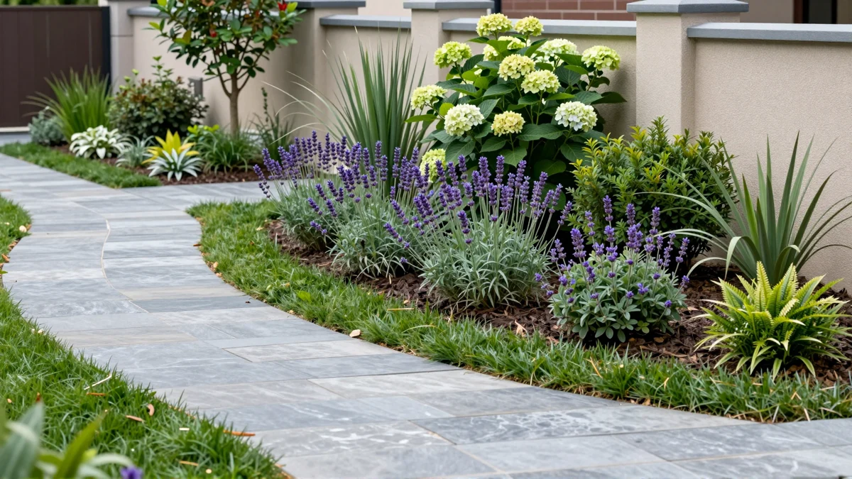 Neu verlegter Gartenweg aus Naturstein mit Kieskante, Lavendel, Straeuchern und Ziergraesern