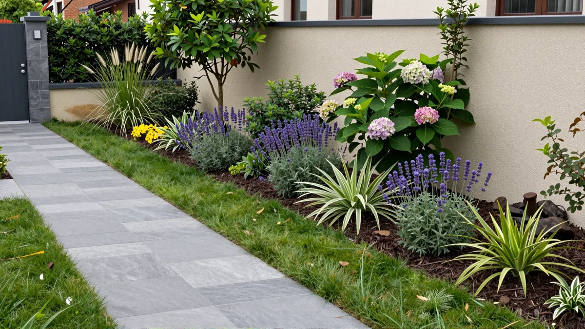 Frisch bepflanztes Gartenbeet neben einer Terrasse mit Lavendel, Hortensien, Straeuchern und Ziergraesern