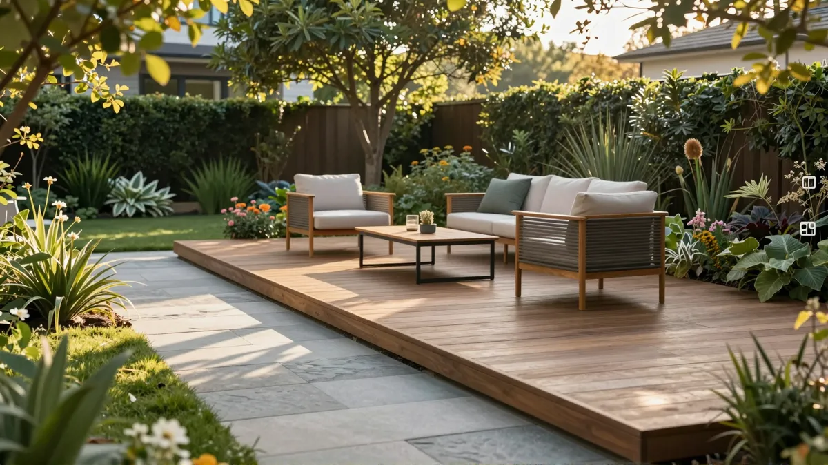 Ein gepflegter Garten mit Holzdeck, Steinweg und modernen Möbeln, umgeben von blühenden Pflanzen
