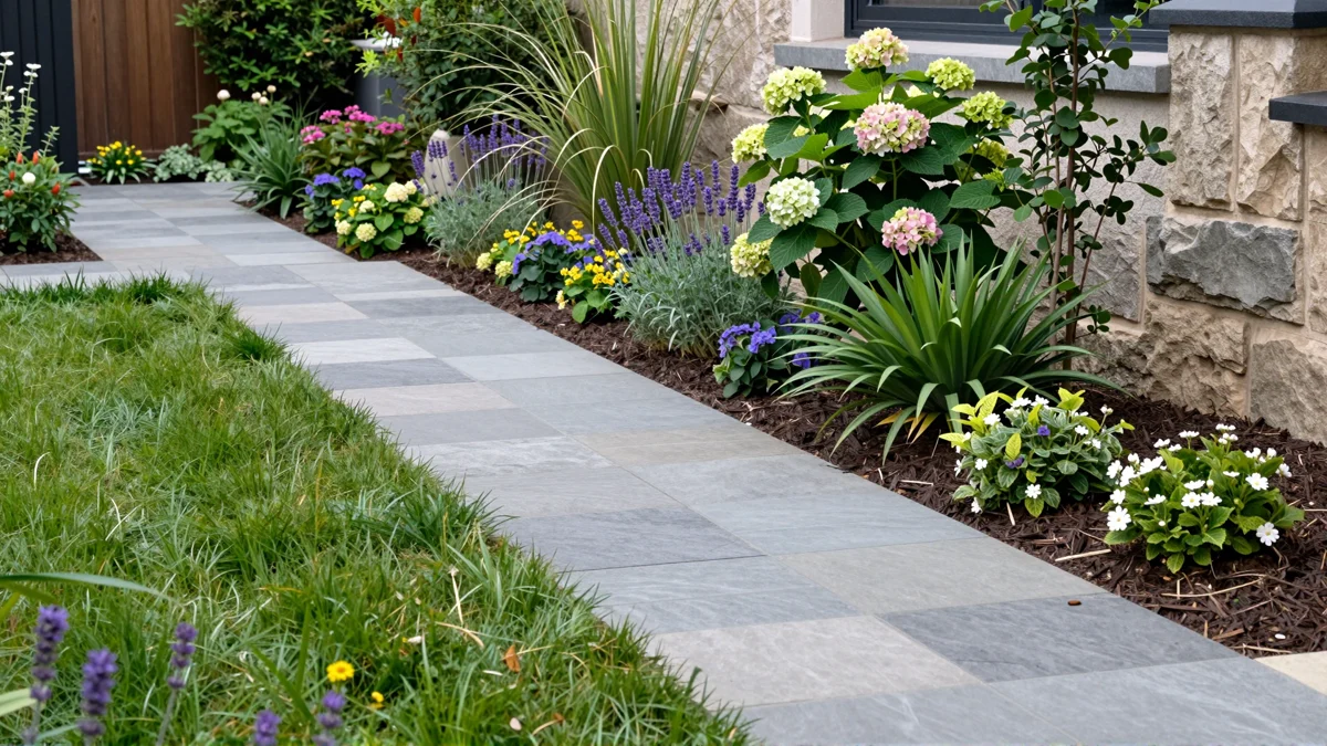 Frisch bepflanztes Gartenbeet neben einer Terrasse mit Lavendel, Hortensien, Straeuchern und Ziergraesern
