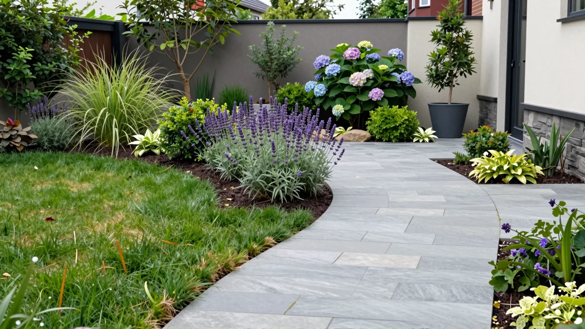 Frisch bepflanztes Gartenbeet neben einer Terrasse mit Lavendel, Hortensien, Straeuchern und Ziergraesern