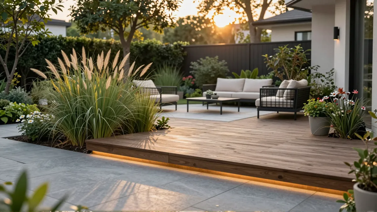 Abendliche Gartenoase mit Holzdeck, modernen Möbeln und üppigen Pflanzen in warmem Sonnenlicht